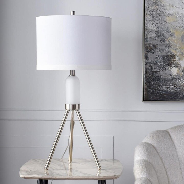 Stylecraft Orion 33.5 in. Silver Contemporary Bedside Table Lamp for Living Room with White Linen Shade