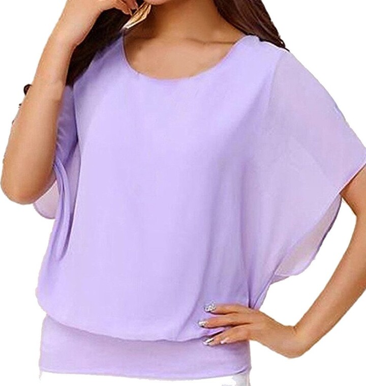 Clode Women Chiffon Shirts Elegant Tops Blouse Sleeve Batwing Sleeve Short  Loose Casual T Blouse for Holiday Party Going Out Purple - ShopStyle