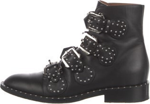 Givenchy Leather Ankle Combat Boots Black Round-Toes with Studded Accents Multistrap & Buckle Closure At Uppers Includes Dust Bag Size not listed, estimated from measurements. Designer