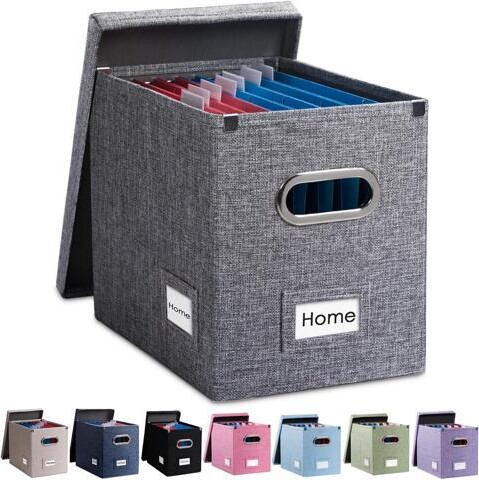 Xelite PRANDOM File Organizer Box - Set of 1 Collapsible Decorative Linen Filing Storage Hanging File Folders with Lids Office Cabinet Letter Size Grey...