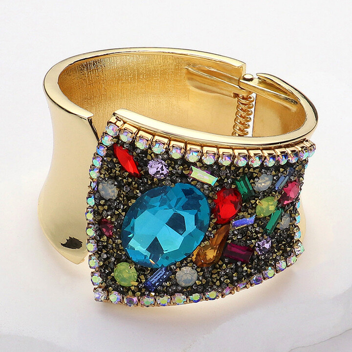 FASHNZFAB Faceted Oval Stone Embellished Statement Bangle Hinged Bracelet Gold Multi