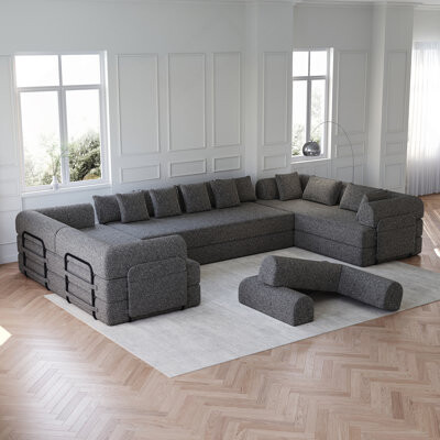 Latitude Run 78.7-Inch Convertible Sleeper Sofa Bed With Cylindrical Pillow Chenille Fabric Folding Mattress Couch With Side Pocket Floor Lounge 3PCS
