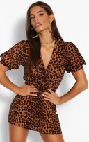 Thumbnail for your product : boohoo Leopard Print Plunge Puff Sleeve Shift Dress