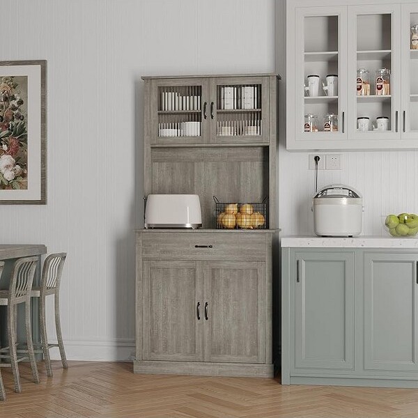 Eomenie TallPantryCabinet-KitchenStorageHutchCabinetswithMicrowaveStandFlutedGlassDoorsDrawerAdjustableShelves-PerfectforDiningRooms