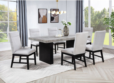 7Pc Dining Set Weathered Gray Rectangular Table Dark-Finished Base Upholstered Chair Wooden Dining Room Furniture