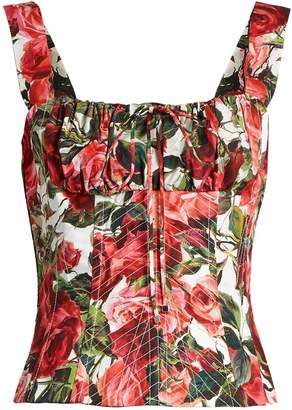 Dolce & Gabbana Rose-print cotton-poplin bustier top