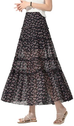 E Girl E-girl Women A-Line Flared Skirt Floral Chiffon Skirt High Waist Maxi Skirt Elasticated Waist Black&Yellow Skirt
