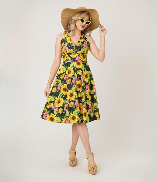 Unique Vintage UniqueVintageWomen'sHalterSwingDressBlackYellowSunflowersXL/14