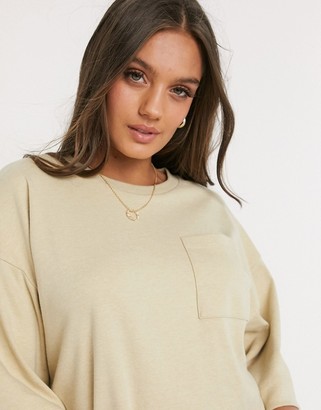 ASOS DESIGN Petite oversized winter weight T-Shirt Dress with pocket in oatmeal