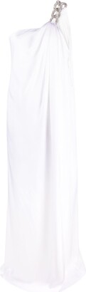 White Crystal-Embellished One-Shoulder Gown