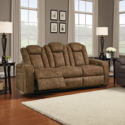 Alexy Power Recliner Sofa, USB, Storage, Brown Faux Leather 86 Inch
