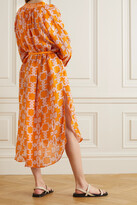 Thumbnail for your product : Yvonne S Belted Ruffled Printed Linen Midi Dress - Orange
