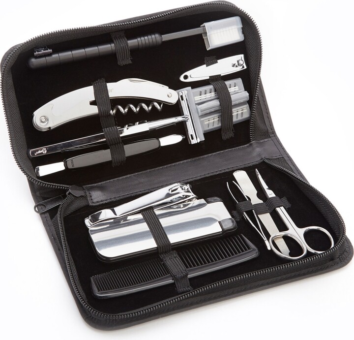 Royce Leather Toiletry Travel Grooming and Shave Kit with Stainless Steel Implements Black
