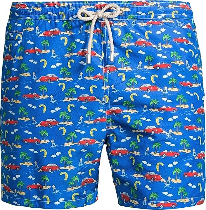 MC2 Saint Barth Men's Ultralight Printed 70s Swim Shorts - Car Blue - Size Small