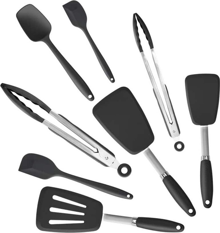 Anqtovp Black Silicone Kitchen Spatulas Tongs Turners Set High Heat Resistant Nonstick Utensils BPA Free Dishwasher Safe