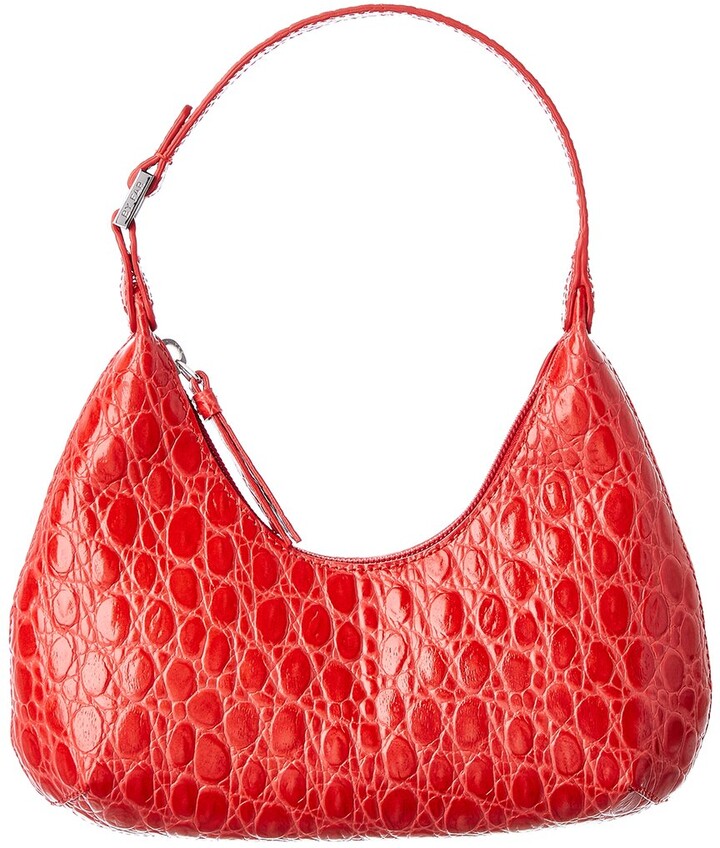 By Far Mini Croc-Embossed Leather Top Handle Shoulder Bag - Red
