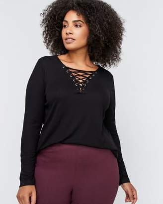 Essential Long Sleeve V-Neck Top with Lace-Up - L&L