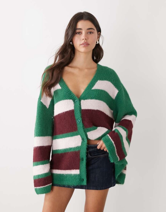 Monki oversized cardigan in burgundy and pink stripes
