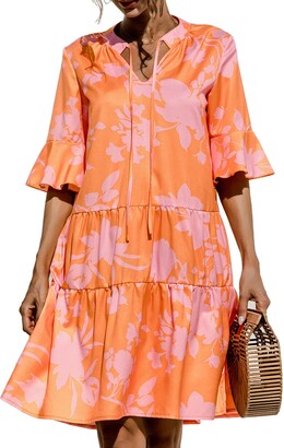 datasy Womens Floral A Line Mini Dress Flared Sleeve V Neck Holiday Printed  Summer Dresses Orange XX-Large - ShopStyle