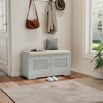 Mercer41 Compact Shoe Storage Bench With Adjustable Shelves Cushioned Seat And Louvered Doors For Entryway And Hallway