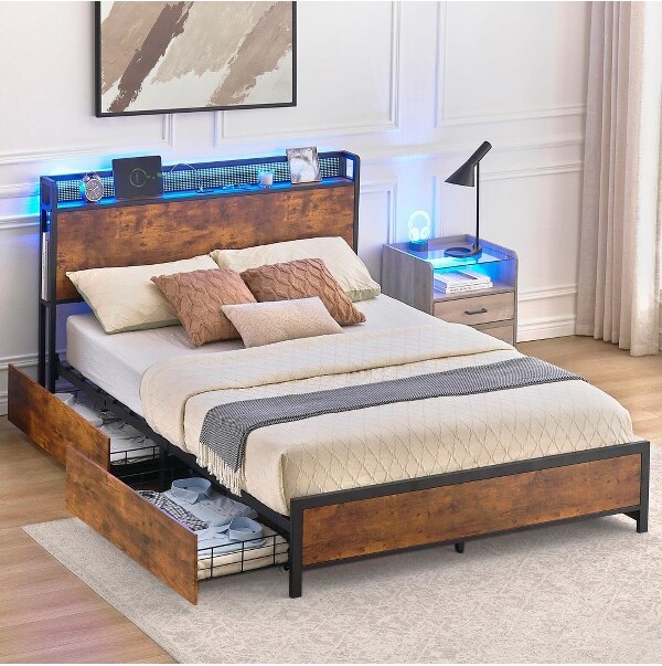 TruAIR QueenBedFramewithStorageandChargingStation,with4StorageDrawers,Headboard,USB&Type-CPorts,LargeMeshBaskets,NoBoxSpringNeeded