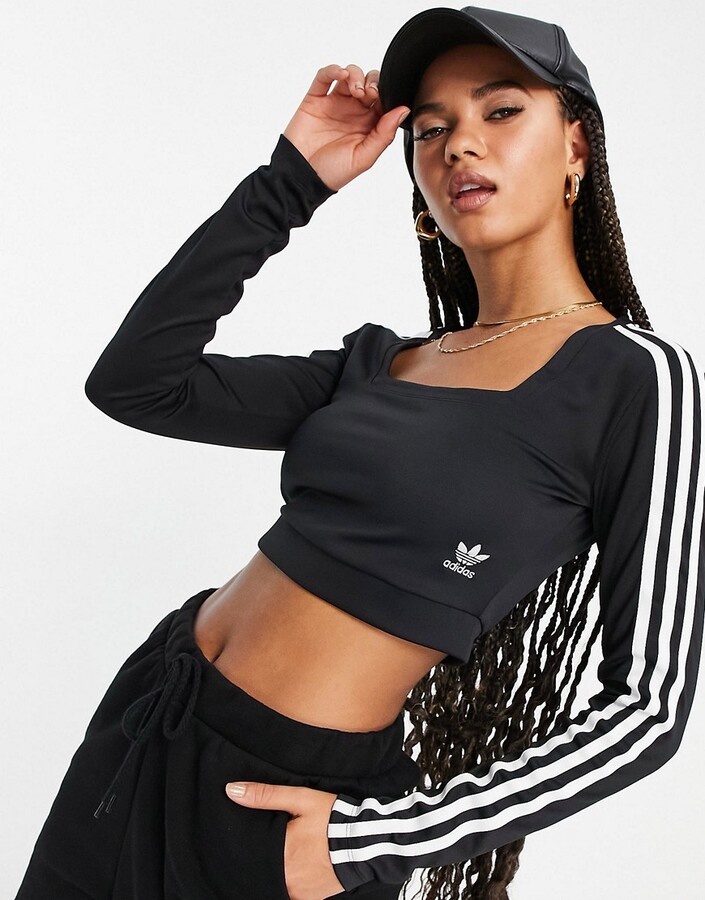 adidas stripe long sleeve top in black with square neck - ShopStyle