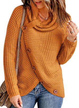 Itsmode Cowl Neck Knit Sweaters for Women Oversize Comfy Cable Knit Asymmetrical Wrap Pullover Sweater Button Winter Warm Army Green Sweater XX-Large