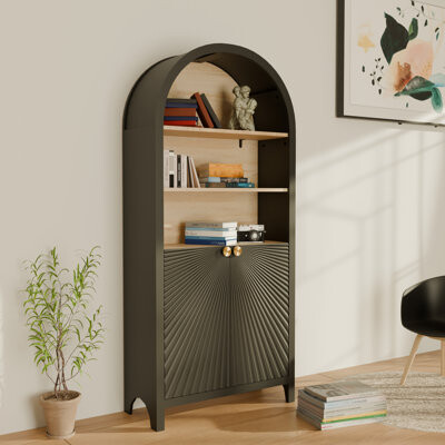 huibaoxiang Black, Mid - Century Modern, 61" Tall, 5 Tier, Arched Cabinets, Bookshelf, Three Open Shelves, Quick And Simple Assembly Versatile Storage, Robust Met