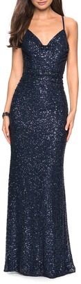 La Femme Sleeveless Ruched Sequin Gown with Open Strappy-Back