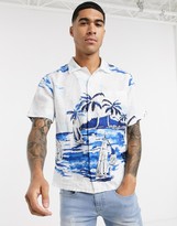 Thumbnail for your product : Polo Ralph Lauren short sleeve sailboat island print linen shirt cuban revere collar in white
