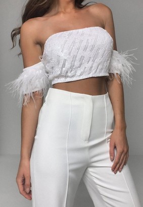 Missguided White Feather Sequin Bardot Crop Top - ShopStyle