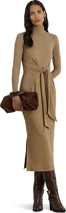 Lauren Ralph Lauren Tie-Front Turtleneck Dress Women's Dress Classic Camel : XS, Cotton/Elastane/Modal