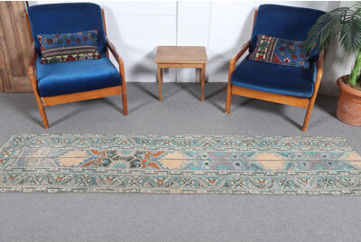 Bungalow Rose Vintage Turkish Anatolian Patchwork Runner Rug in Green - Ideal Decorative Oushak Rug for Corridors