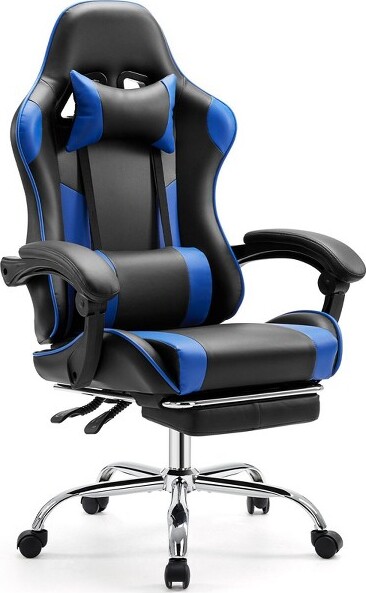 LynginsAdjustableHeightGamingChair,ErgonomicOfficeChairwithFootrest,LumbarSupport,PULeatherComputerChairwithHeadrestforBedroom,Blue