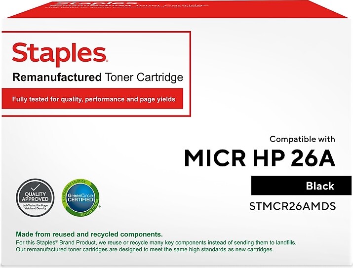 Staples Remanufactured Black Standard Yield MICR Toner Cartridge Replacement for HP 26A (TRMCR26AMDS/STMCR26AMDS)
