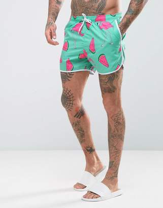 ASOS Runner Swim Shorts With Watermelon Flamingo Print In Short Length