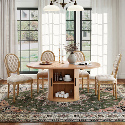 Wooden Farmhouse Dining Table Set, Pedestal Dining Table with Storage with French Velvet Dining Chair for Dining Room
