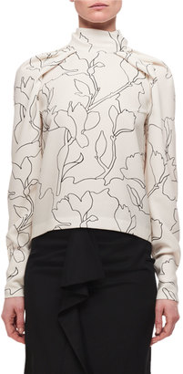 Carven Draped High Neck Long-Sleeve Printed Blouse