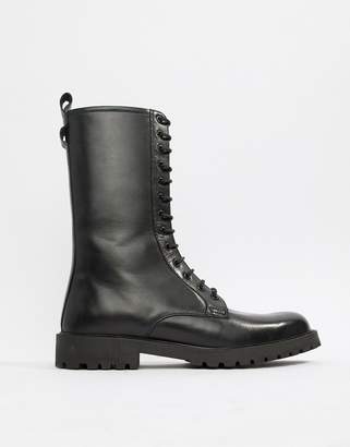 ASOS DESIGN high lace up boot in black leather with chunky sole
