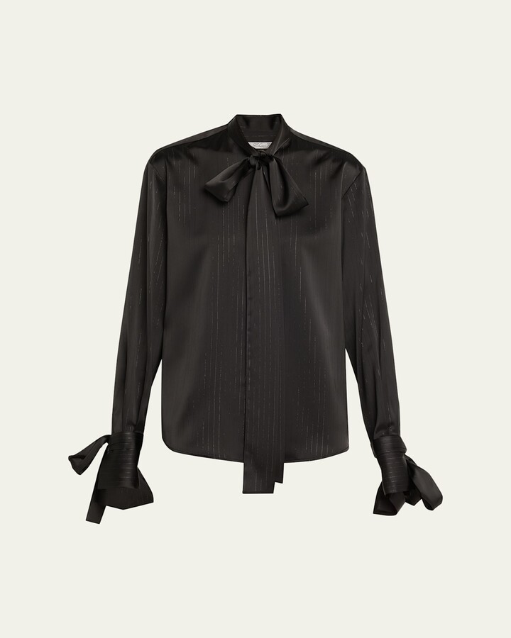 LaQuan Smith Bow-Neck Metallic Pinstripe Satin Blouse