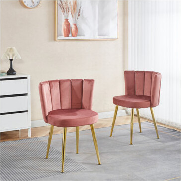 Everly Quinn Modern dining chair(set of 2 ) with iron tube golden color legs, velvet and comfortable backrest, suitable for dining room, living room, cafe, simple