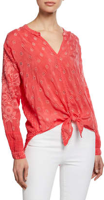 Johnny Was Hunter Long-Sleeve Tie-Front Sheer Georgette Blouse