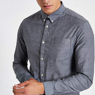 River Island Mens Grey muscle fit long sleeve Oxford shirt