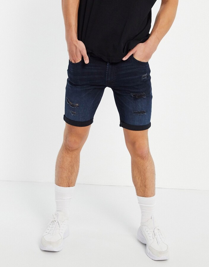 Jack and Jones Intelligence skinny denim shorts with rips in blue/black -  ShopStyle