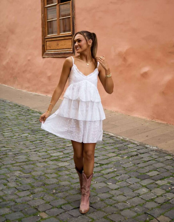 South Beach x Misha Grimes broderie tiered mini beach dress in white
