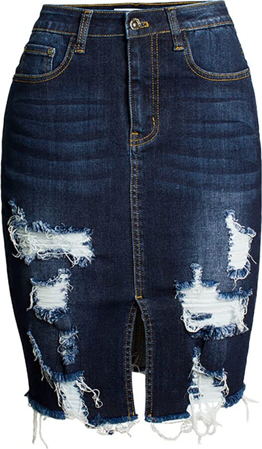 Ripped Denim Blue Jean Pencil Skirt Destroyed Denim Pencil Skirt