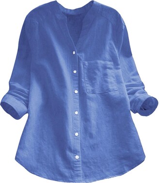 TUDUZ Blouse Blouses Women TUDUZ Ladies Vintage Plain Cotton and Linen Casual Shirt Loose Button V Neck Long Sleeve Tunic Tops(YD Navy