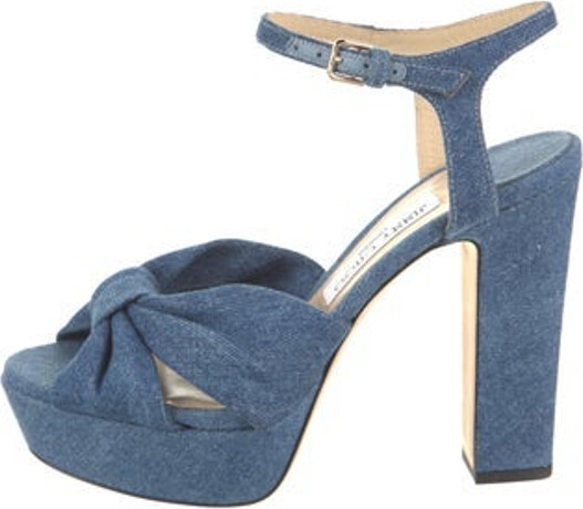 Jimmy Choo Denim Sandals Blue Leather Trim Embellishment & Leather Trim Platform Crossover Straps & Buckle Closure at Ankles Includes Box & Dust Bag