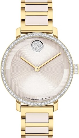 Zales Ladies' Movado Bold® Evolution 2.0 Gold-Tone IP & Taupe Ceramic Watch with Taupe Dial and Crystal Bezel (Model: 3601301)