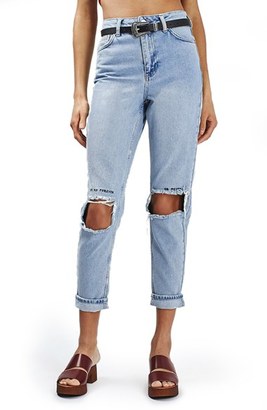 Topshop Embroidered Ripped Mom Jeans